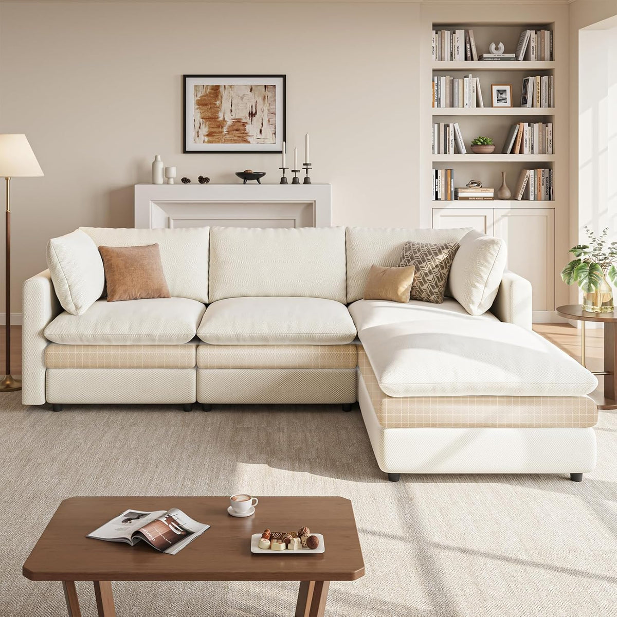 97" Cloud Couches for Living Room, 29.1" Deep Seat Modular Sectional Sofa, L Shaped Cloud Sofa with One Movable Ottoman