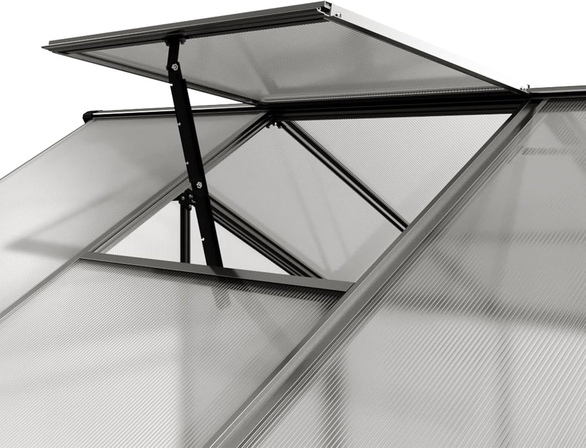Greenhouse Jasmin 4 Aluminum Frame - 6.3 x 8.4 ft Approx. 6 mm Polycarbonate Panels - Bonus Base Frame and Automatic Vent Opener