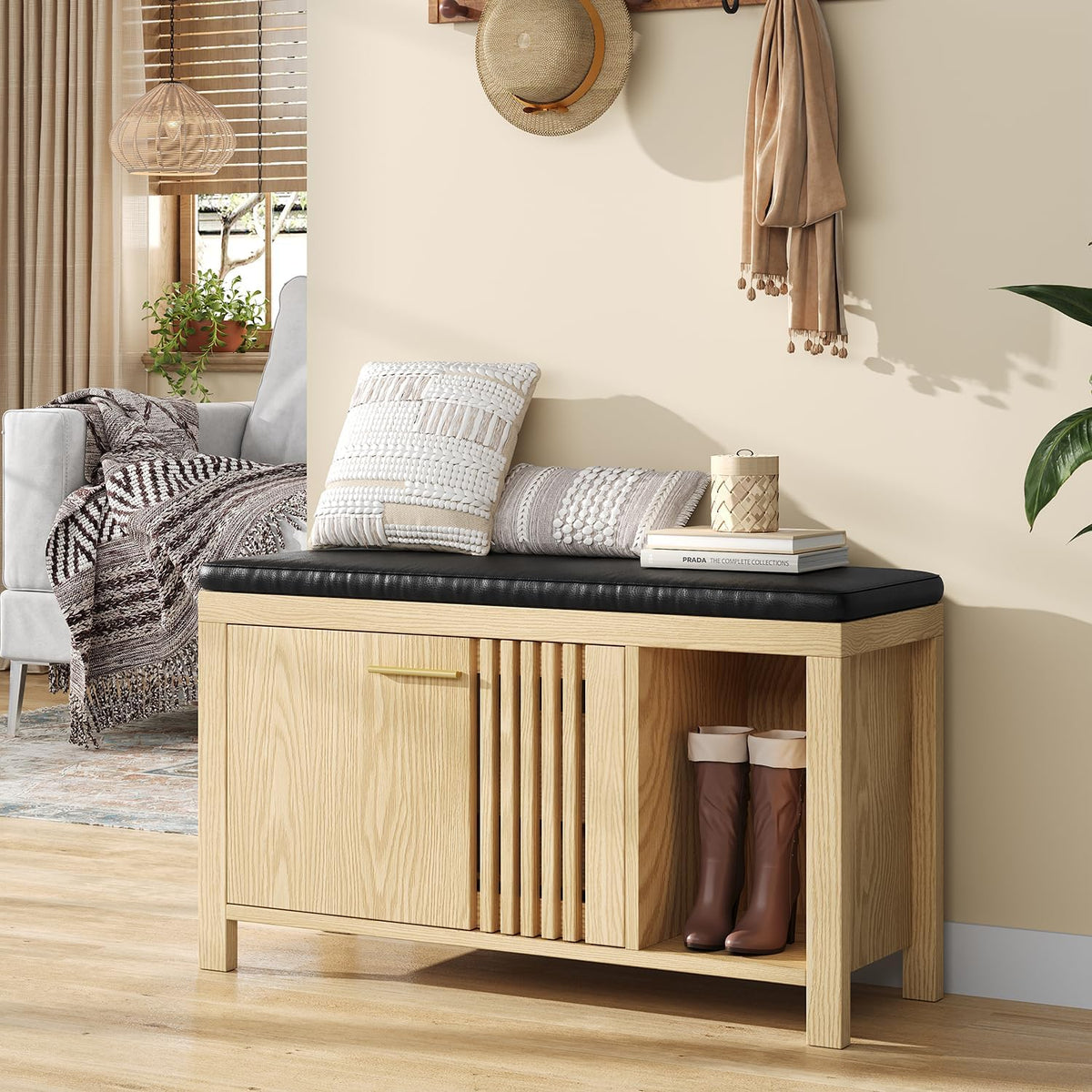 UNIQUITE 40" Shoe Storage Bench with Flip Drawers & Padded Seat Cushion, Open Compartments & Slatted Doors, Entryway Bench with Shoe Storage for Entryway, Hallway, Living Room, Bedroom, Natural