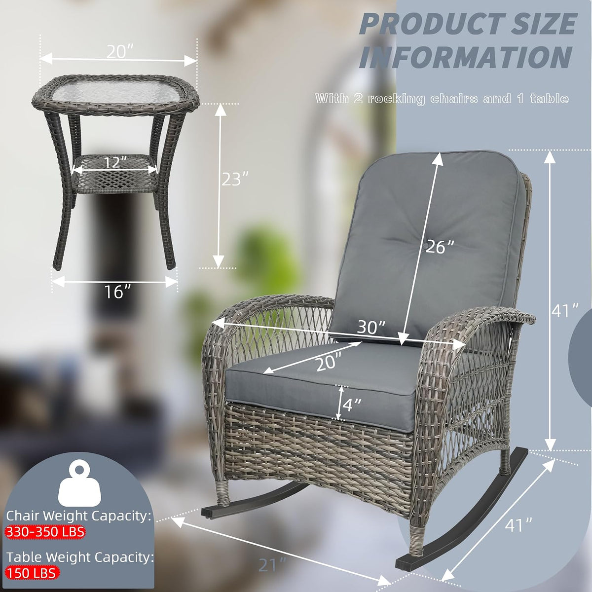 Wicker Rocking Chair, Rattan Patio Rocking Chairs, All-Weather Rocking Lawn Wicker Furniture for Porch Deck Garden Backyard(Grey)，1PC