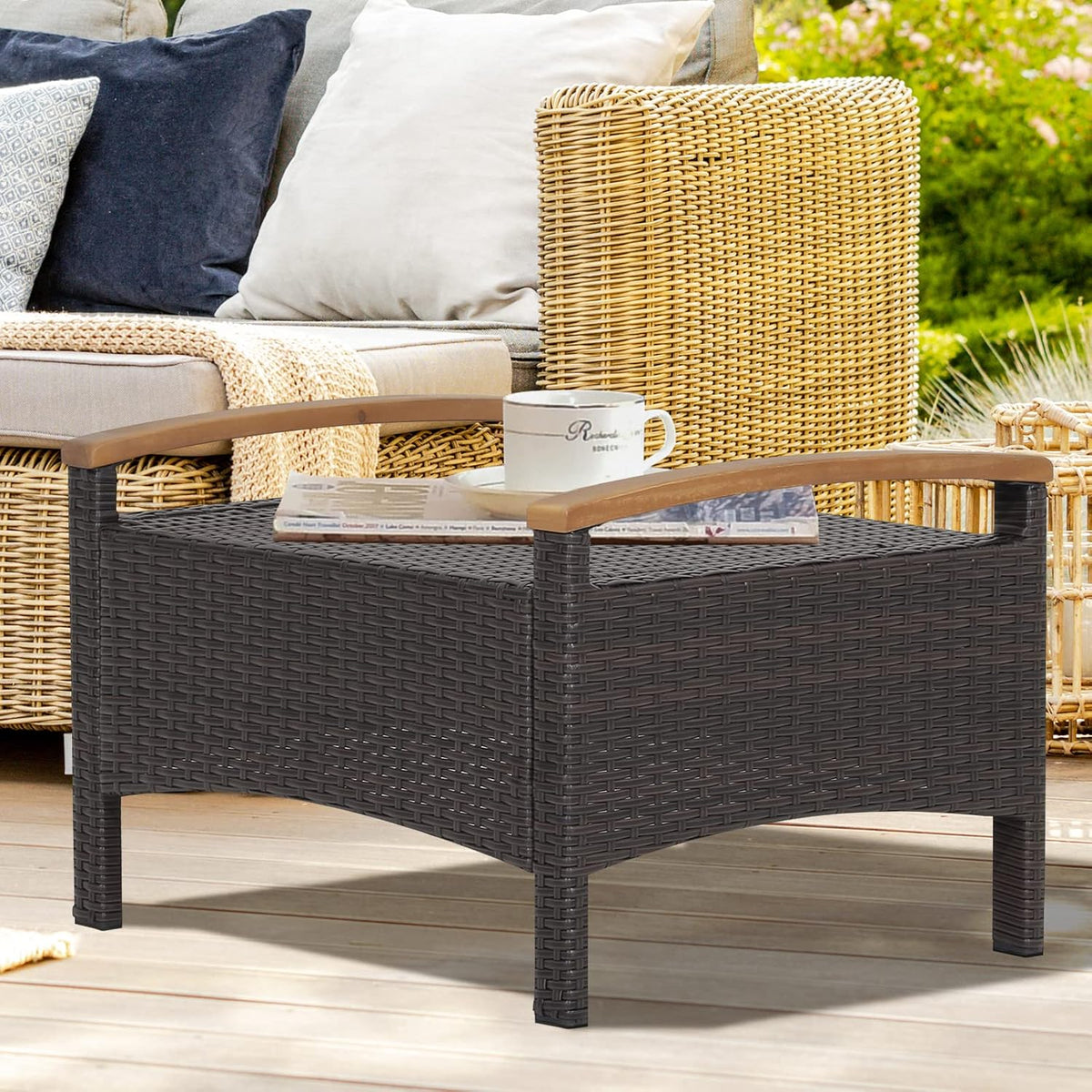 RELAX4LIFE Outdoor Wicker Ottomans for Patio - 2 Pieces PE Rattan Ottoman, Footrest Seat with Zippered Cushions, Acacia Wood Handles, 3-in-1 Footstool, Side Table for Poolside, Backyard (Red)