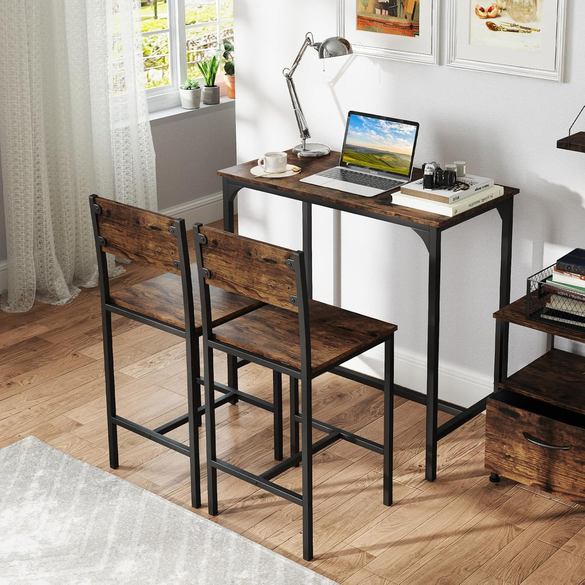 GOFLAME 3-Piece Bar Table Set, Counter Height Pub Table & 2 Barstools with Metal Frame, Industrial Space Saving Dining Set for Kitchen, Dining Room, Bistro, Restaurant, Small Space, Rustic Brown
