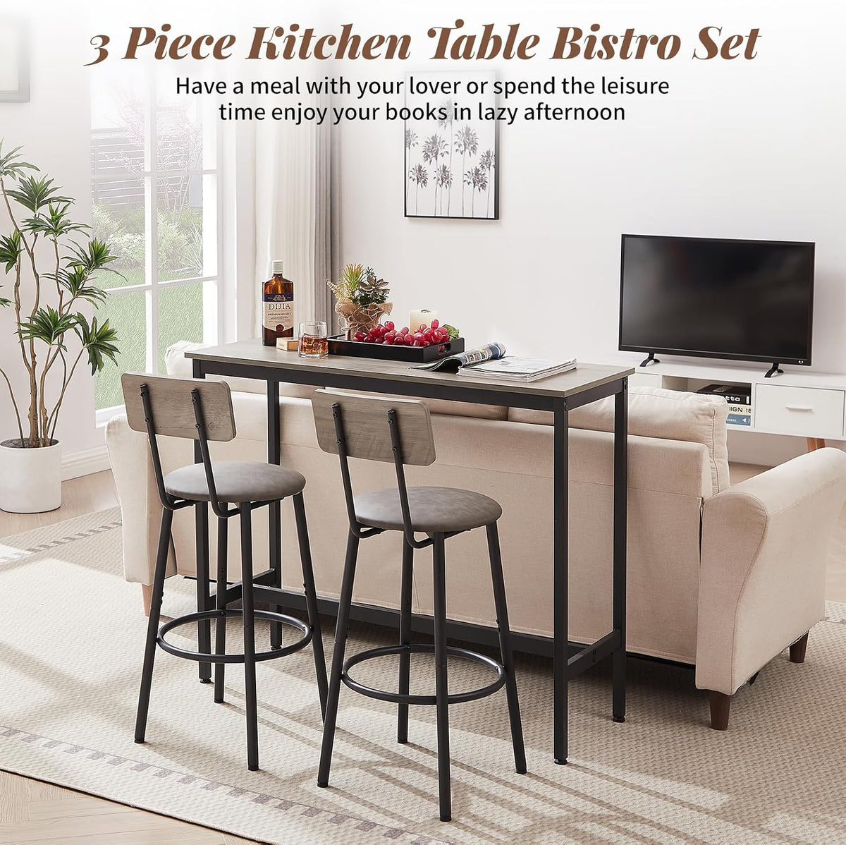 43.31" Bar Table Set for 2, Counter Height Dining Table with PU Upholstered Bar Stools and Backrests, Space-Saving Small Kitchen Table for Breakfast Nook,Grey