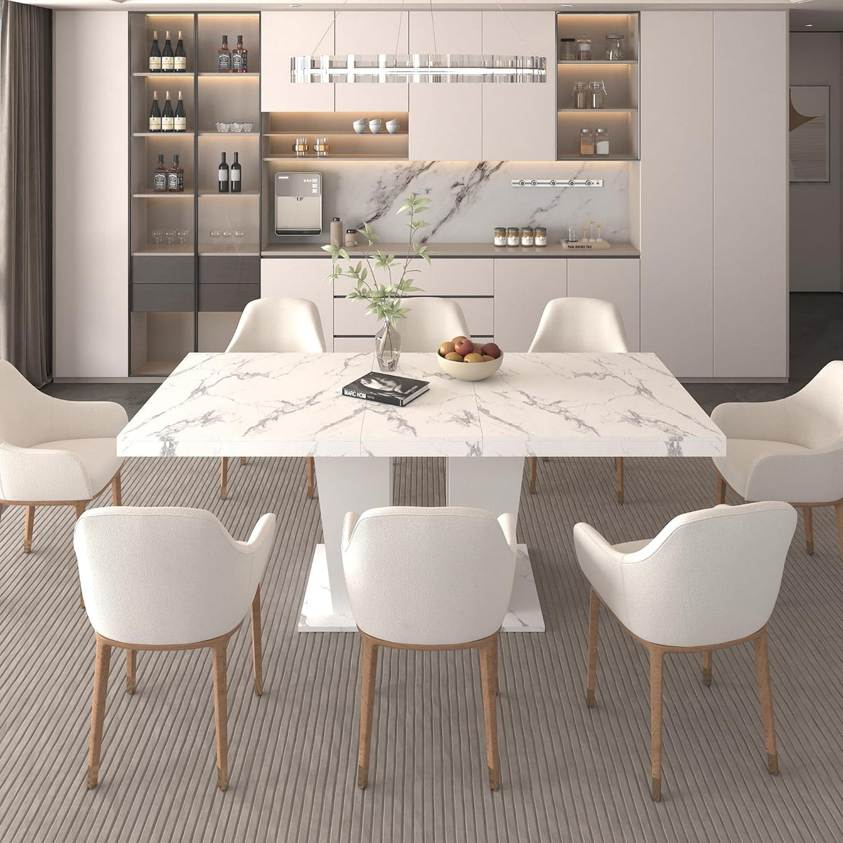 78.74" Extendable Dining Room Table for 6-10 Modern Faux Marble Wooden Expandable Kitchen Table Pedestal Base,Large Rectangle Dining Table,White