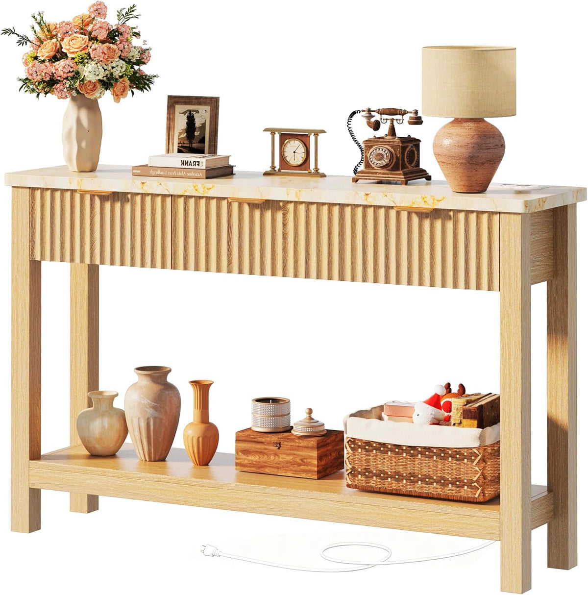 HUAHUU 47.2" Fluted Console Table with 3 Drawers, Long Sofa Table with Storage Behind Couch, Modern Entryway Table with Power Outlet & Open Storage for Entrance/Hallway/Foyer/Living Room, Oak