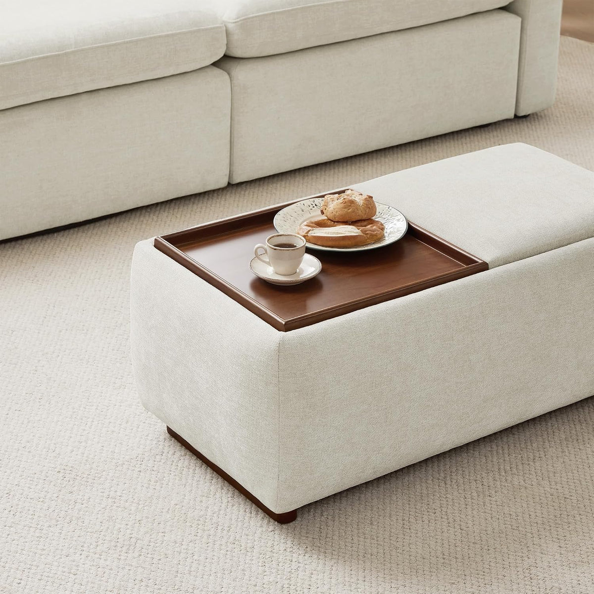 CHITA Storage Ottoman with Tray Lids, FSC Certified Small Rectangular Bench for Living Room, Bedroom, Fabric in Linen