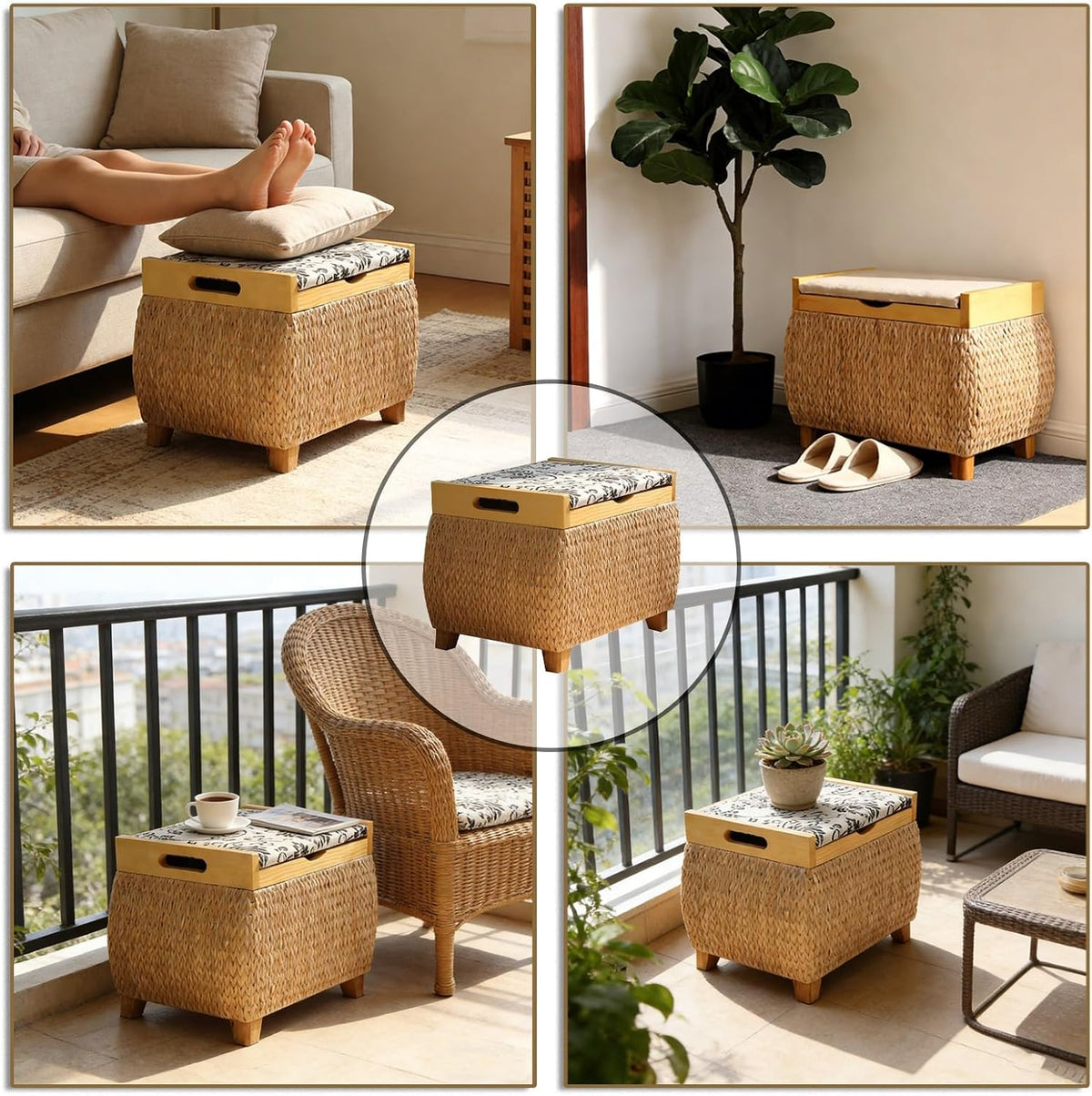 Ottoman with Storage Rattan Woven ，Bench with Padded Seat End of The Bed Entry Bench Footrest Stool for Hallway Living Room(Primary color1,40cm/15.7in)