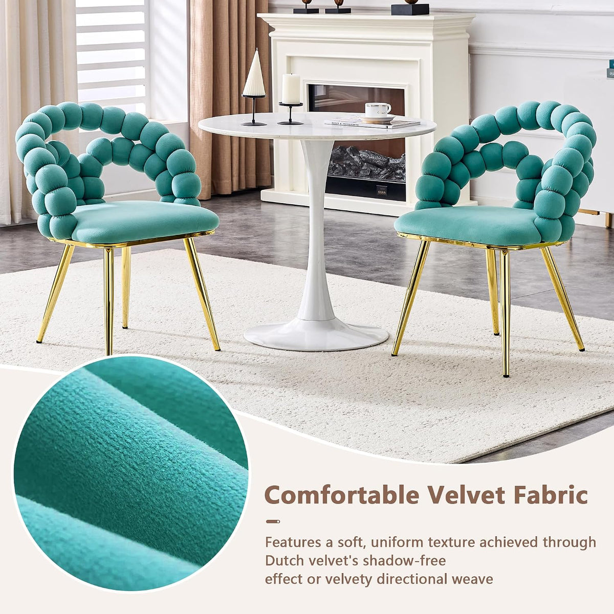 Puffy Bubble Ball Chain Chairs Set of 2, Modern Velvet Dining Chairs with Gold Legs, Contemporary Luxury Kitchen Chairs, Handcrafted Backrest, Lumbar Support, Suitable for Kitchen, Dining Room, Teal