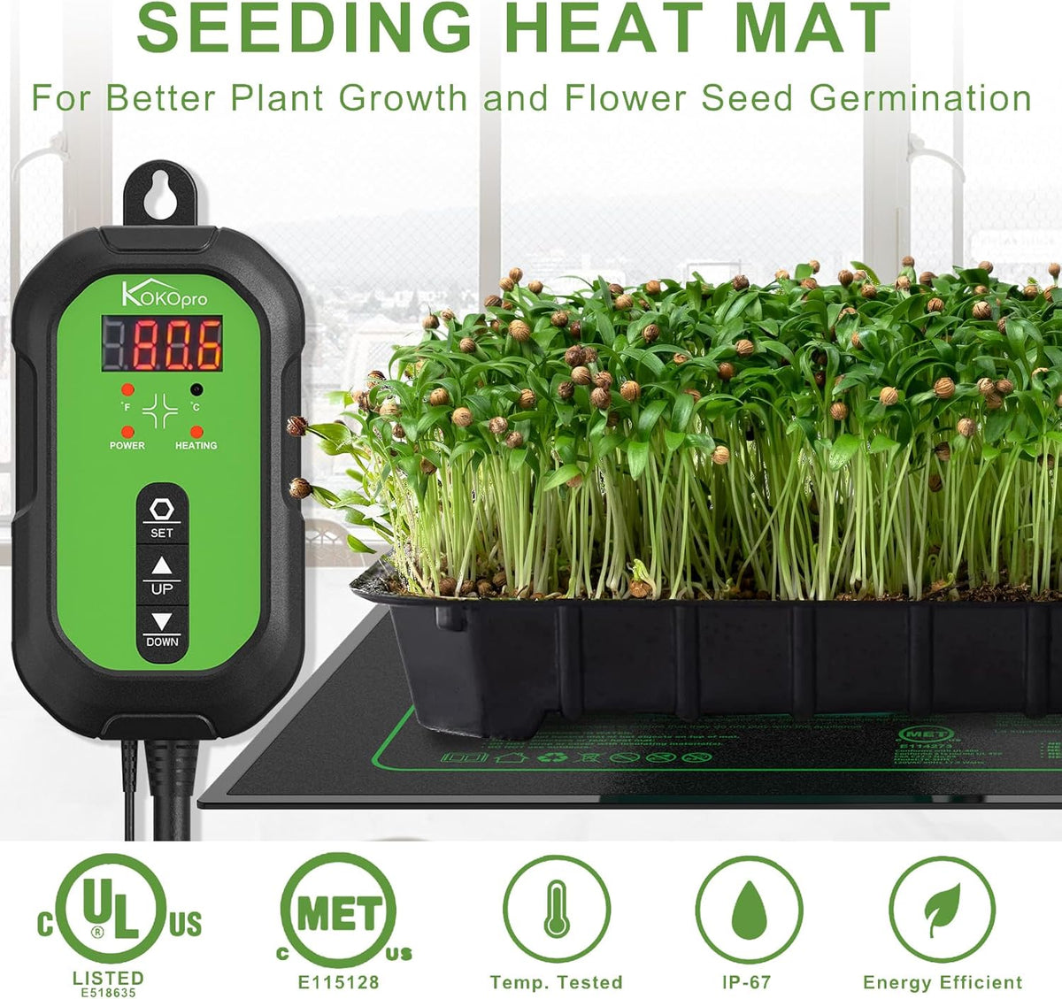 10"x 20" Seedling Heat Mat and Digital Thermostat Combo Set - KOKOPRO Warm Hydroponic Heating Pad for Seed Germination Indoor Gardening Greenhouse for Reptiles Seedlings Incubation Fermentation