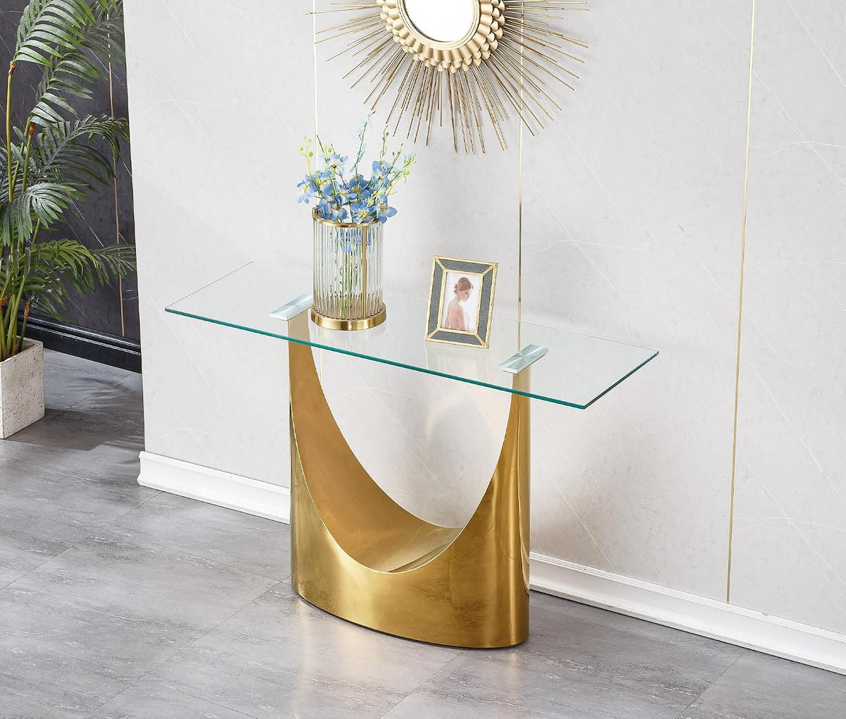 Luxury Gold Glass Console Table, Modern 47" Rectangle Entryway Table with Mirrored U-Shape Stainless Steel Base, Clear Glass Sofa Tables Behind The Couch Hallway Tables for Living Room