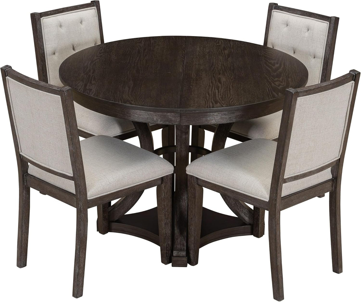 Bellemave Extendable Dining Table Set for 4, 5-Piece Retro Round Table Set with 4 Upholstered Chairs, Round Table with a 16" W Leaf, Oval Kitchen Table Set with Extendable Table (Espresso)