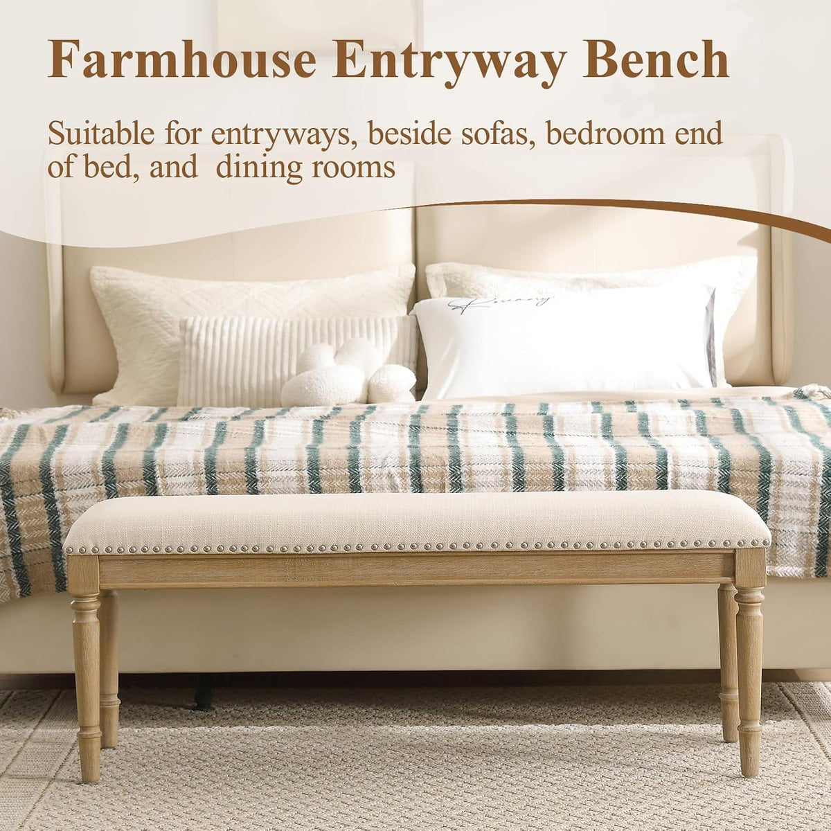 46'' French Country Entryway Bench Wooden Linen Fabric Upholstered Seat Dinng Bench with Nailhead Trim for Hallway End of Bed, Beige