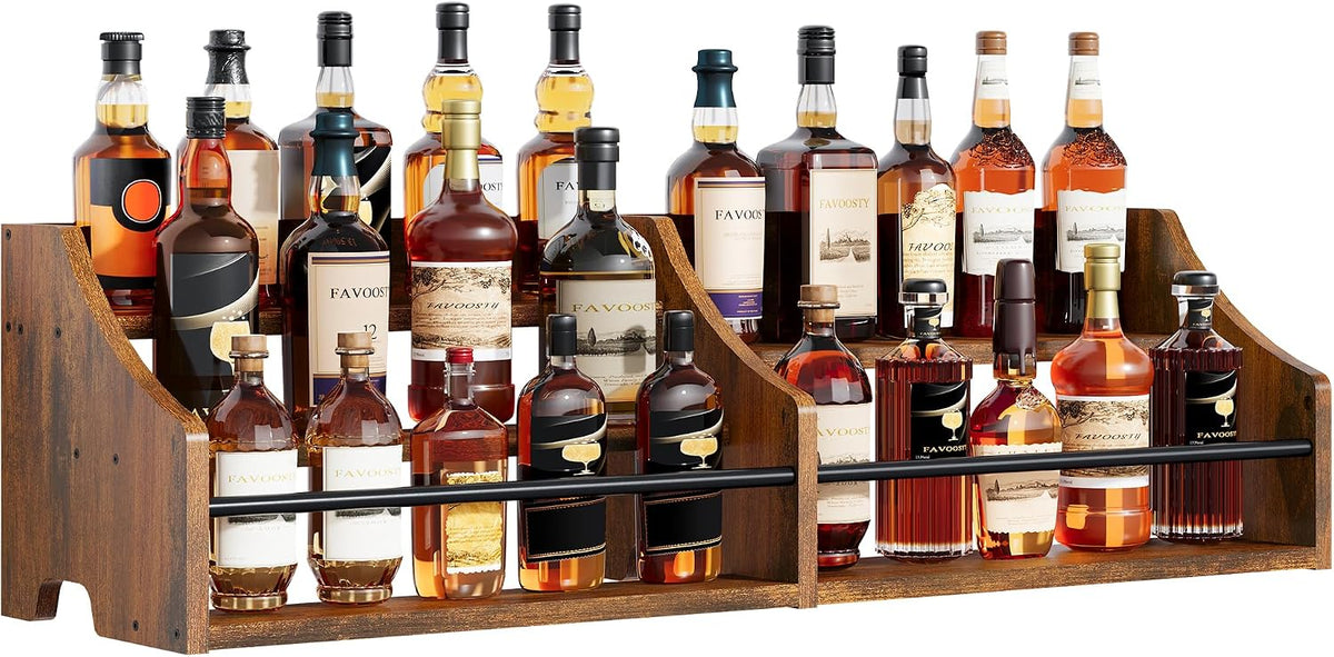 FAVOOSTY 5 Tier Countertop Liquor Bottle Display Shelf Organizer, Retro Tabletop Wine Rack Stand, Storage Holder for Whiskey, Spirits, Coffee Syrup, Mini Home Bar & Liquor Cabinet, Rustic Brown