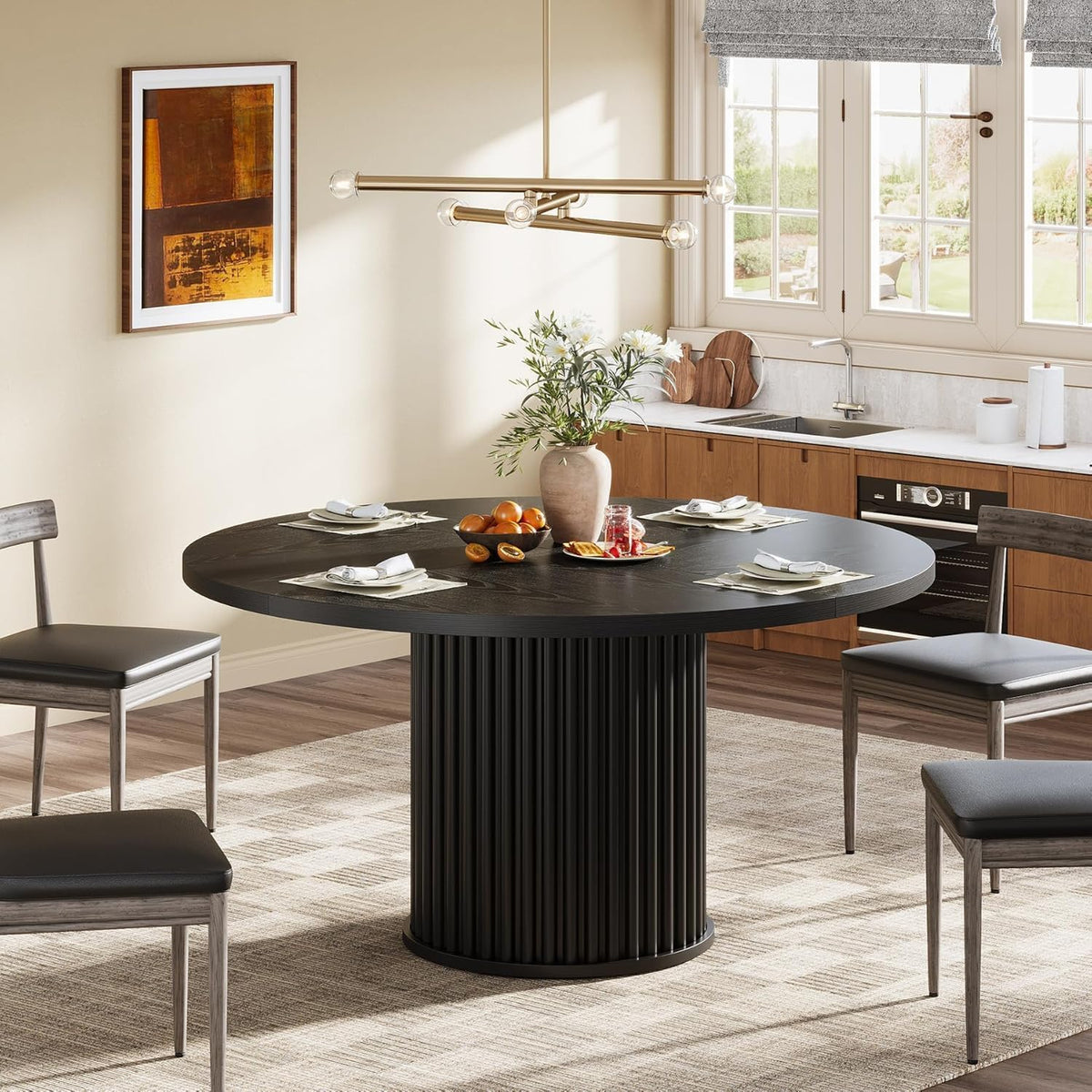 Tribesigns 47.24" Black Round Dining Table for 4-6 People | Modern Fluted MDF + Metal Base Kitchen Table, Sturdy Circle Dining Room Furniture, Easy Assembly, Black
