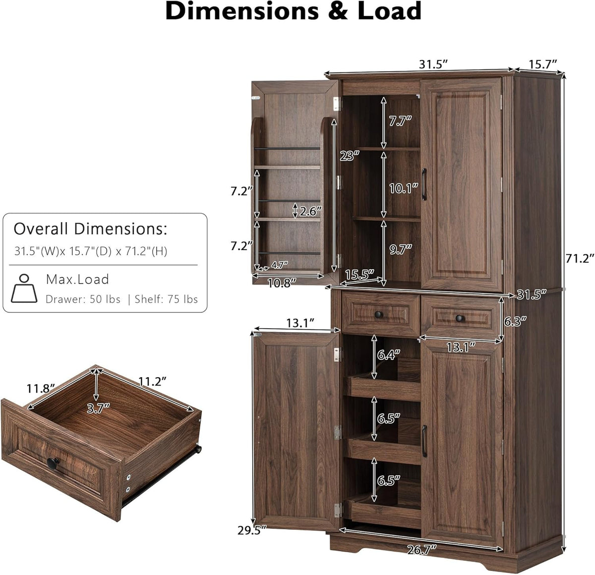 Polibi 71.2" Tall Kitchen Pantry Hutch with 3 Pull Out Cabinet Organizers,Farmhouse Embossed Texture Storage Cabinet with 6 Door Shelves,2 Drawers,Freestanding Cupboard for Kitchen, Dining Room,Brown