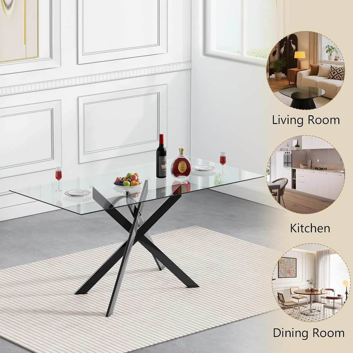 HomVent 7 Piece Rectangular Glass Dining Table Set, Tempered Glass Dinner Table Set for 6 Kitchen Table Set with 6 Velvet Upholstered Chairs for Kitchen Dining Room
