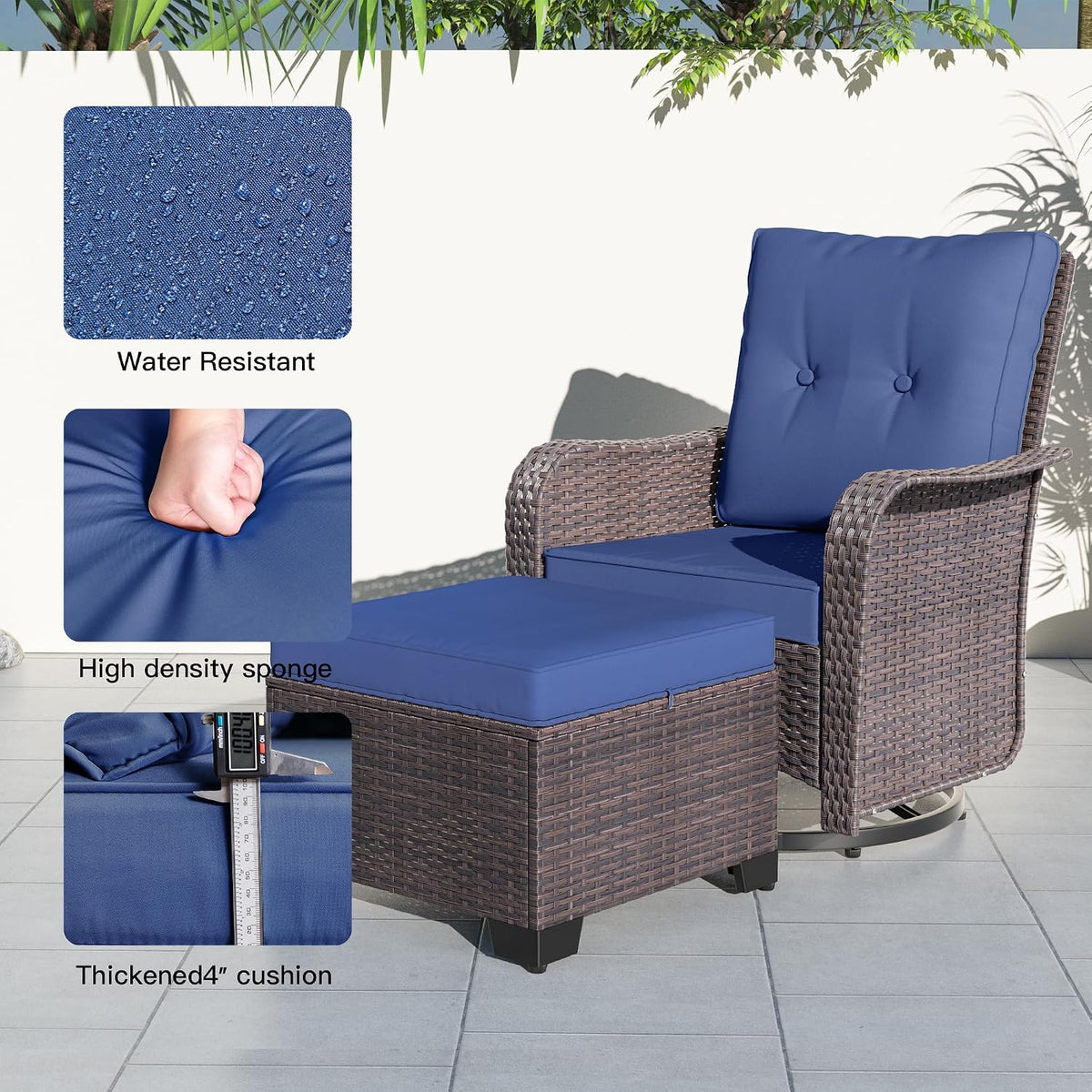 Kullavik 5 Pieces Outdoor Swivel Chairs Set,Patio Wicker Rocker Chairs with 4" Thick Cushions,Side Table and Ottomans,Patio Conversation Furniture Set for Patio Porch Deck Backyard,NavyBlue