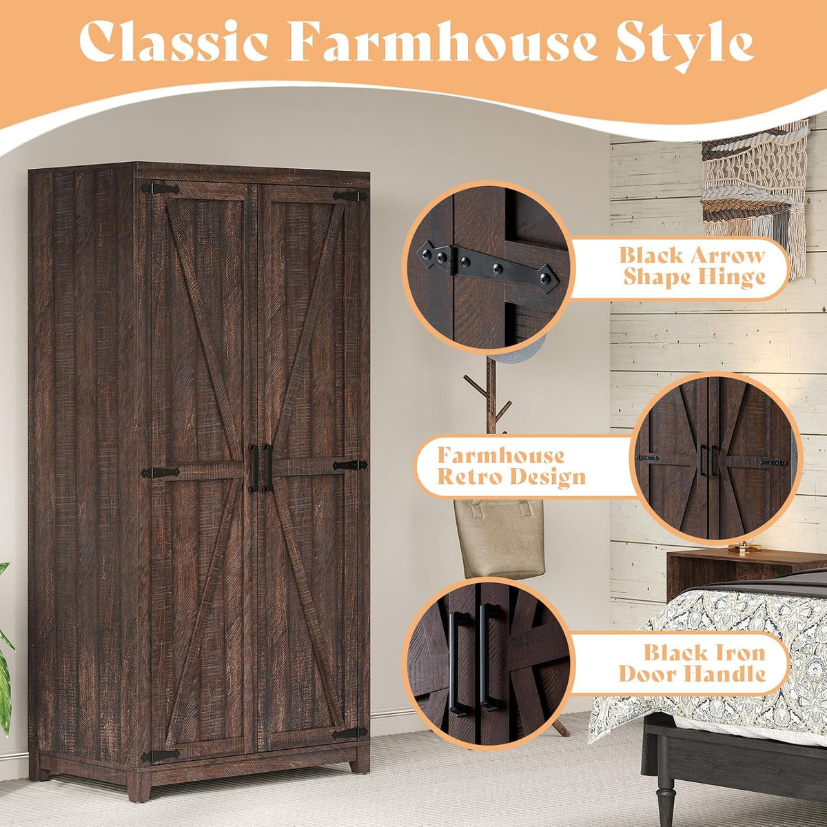 LUXOAK 70" Large Farmhouse Wardrobe Closet with Hanging Rod & Barn Doors | Wooden Bedroom Armoires with Shelf, Organized Wardrobe Cabinet for Clothing, Anti-Tip Kit, Tall Closet, Espresso
