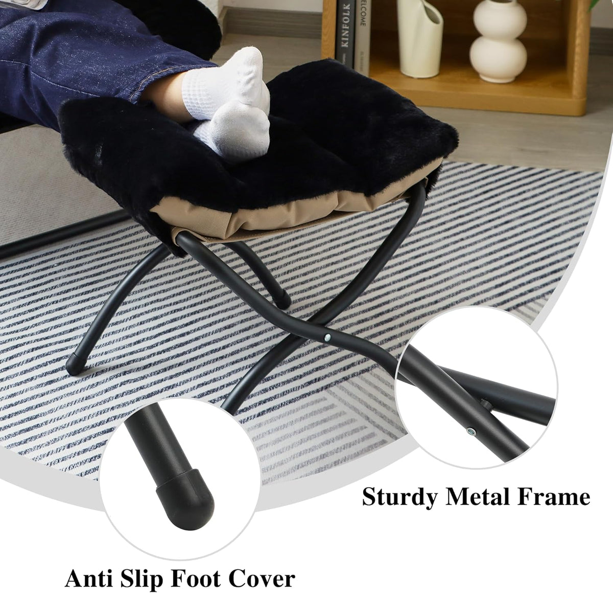 15"(H) Folding Ottoman, Foldable Footrest Stool, Portable Small Foot Stool for Couch, Collapsible Foot Rest Ottoman for Sofa, Accent Padded Ottomans for Living Room, Bedroom, Black