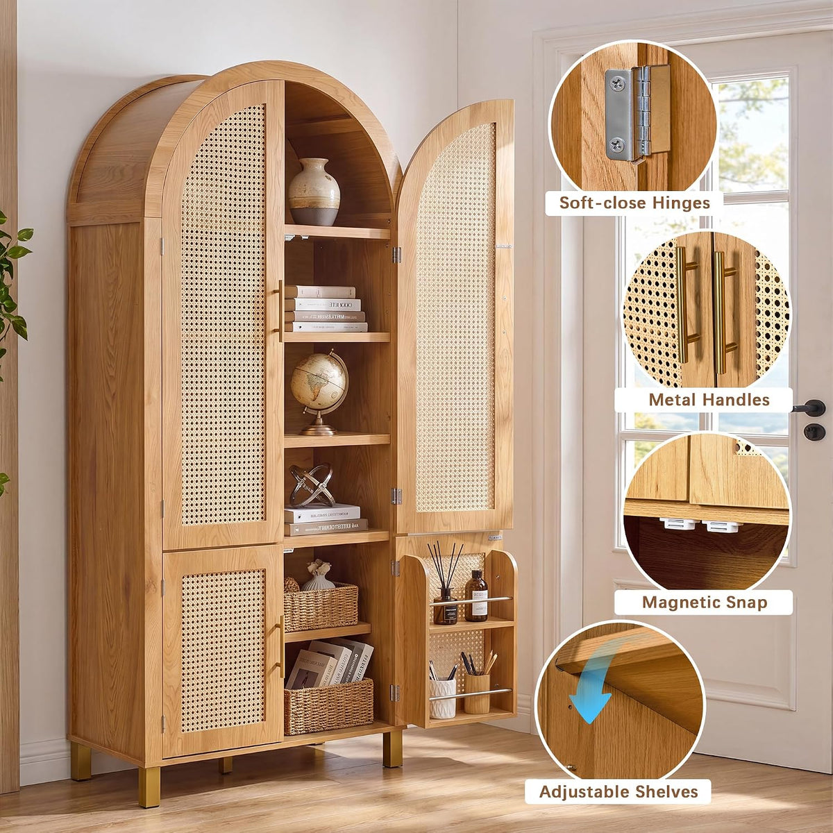Merax 71'' Tall Farmhouse Rattan Arched Storage Cabinet | Boho Style Pantry Cabinet, Open Countertop, Rattan Doors & Adjustable Shelves, Arched Cabinet for Kitchen Dining Room