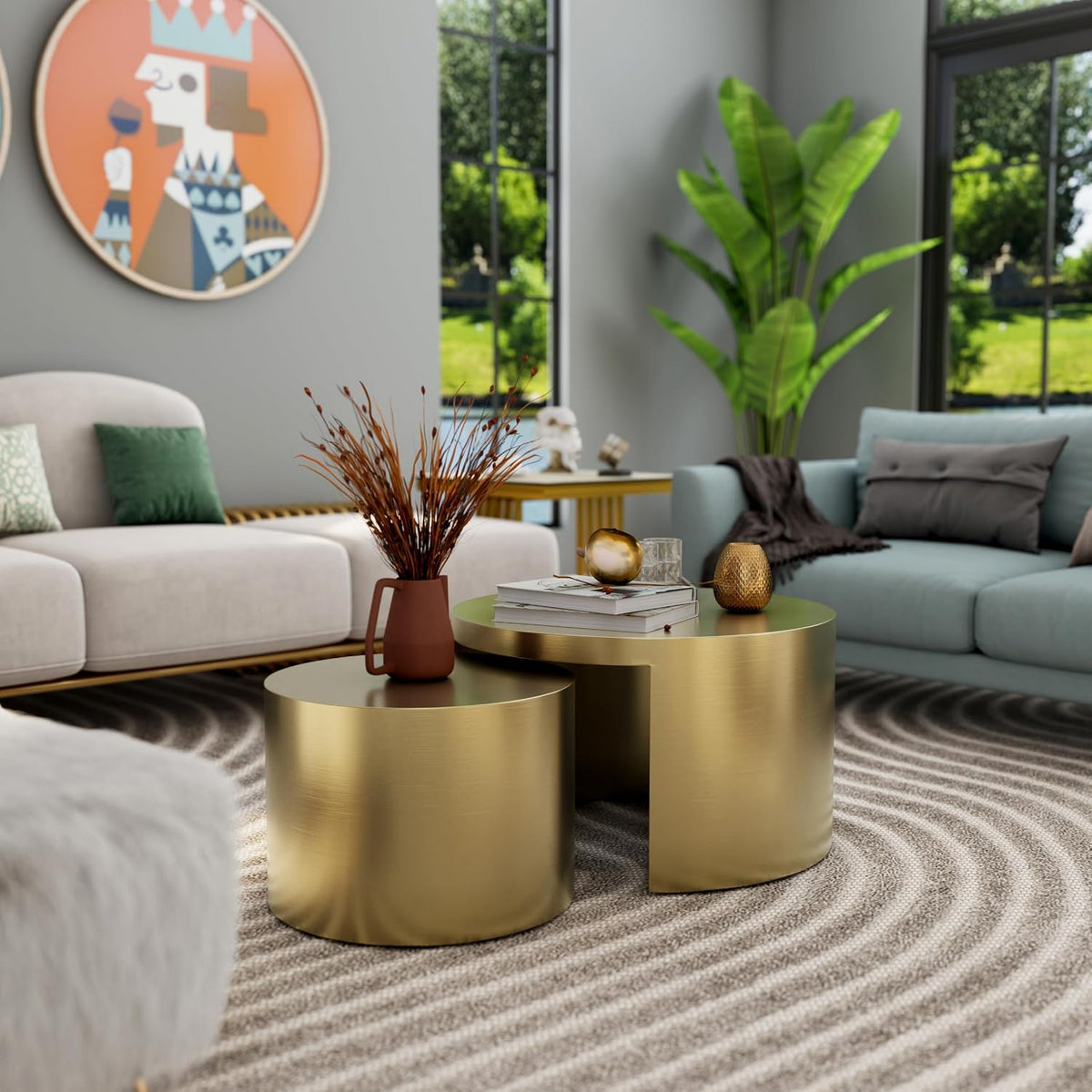 BQueen Round Nesting Coffee Table Set of 2, Brushed Gold Stainless Steel Modern Coffee Tables, 2 in 1 Space Saving Stackable Accent Tables for Living Room, Small Space Apartment