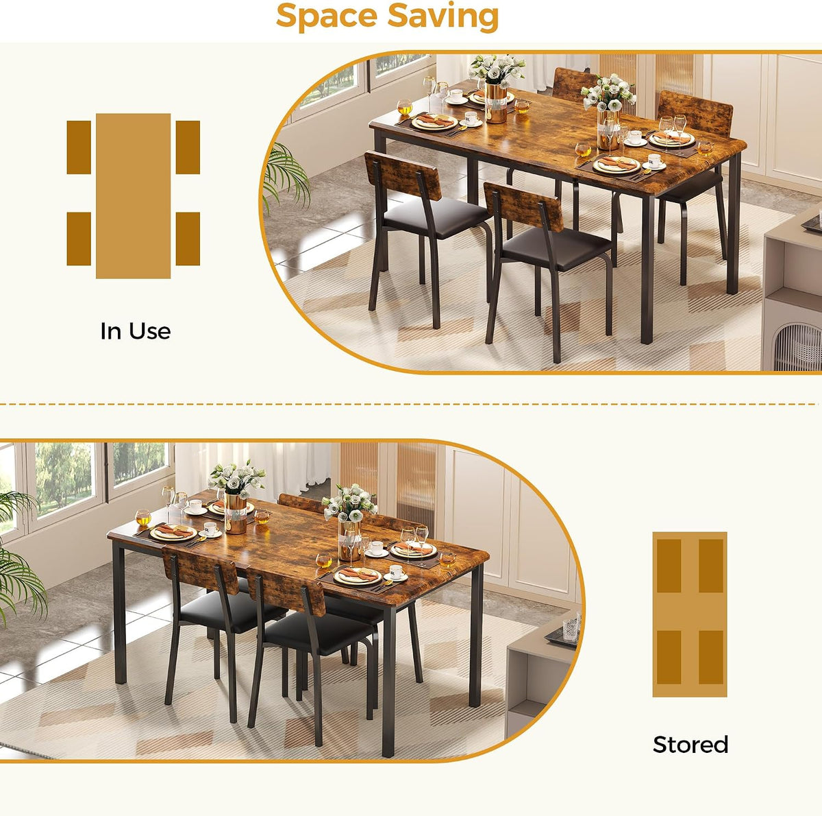 IRONCK 5-Piece 63" Extendable Dining Table with 4 Upholstered Chairs, Kitchen Table Set for 4-8 People, Dining Room Sets with MDF Wood Board, Drop Leaf Table Design for Space Saving, Rustic Brown