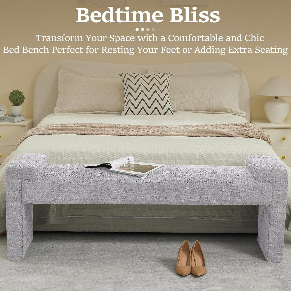 WUTUTUEE 58.7" End of Bed Bench Upholstered Modern Bedroom Bench for Living Room & Entryway, Easy Assembly, Footrest Ottoman Accent Window Bench with Solid Wood Frame & Curved Arm, Grey