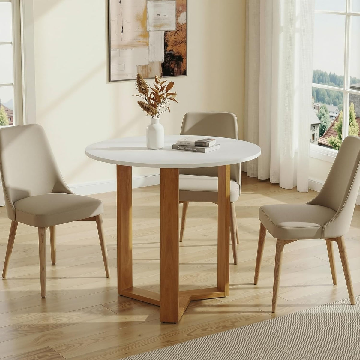 SIMTONAL 31.5" Round Dining Table, Space-Saving Small Dining Table for 2-4 People with Wood Grain Tabletop and Geometric Pedestal Base, Modern Farmhouse Table for Small Spaces, Apartment,White