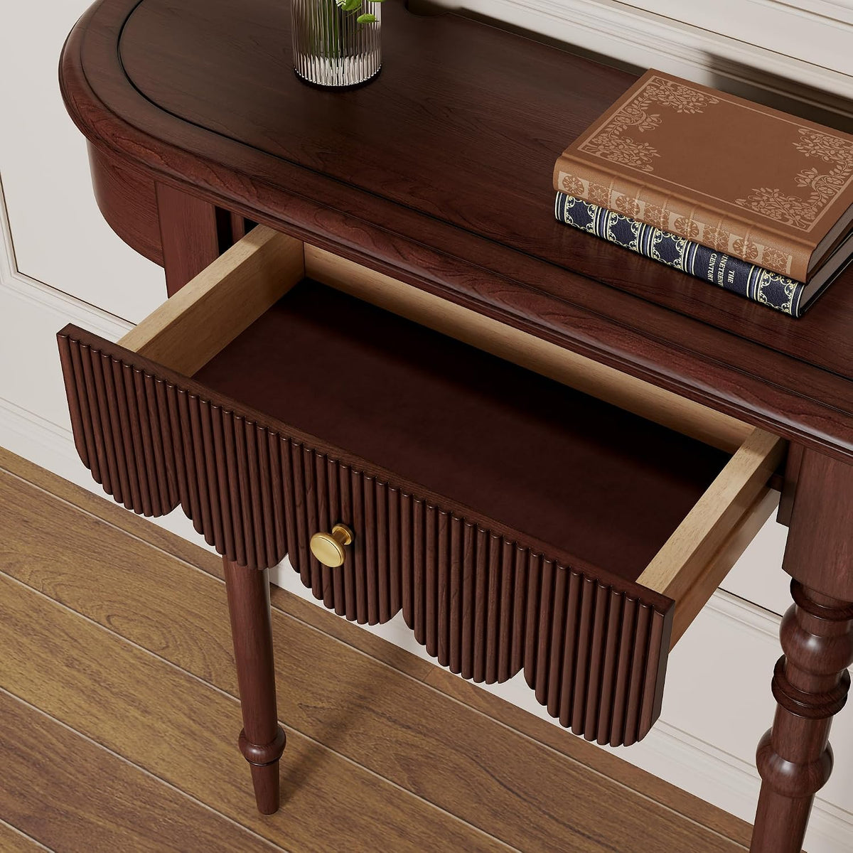 Solid Wood Console Table with Drawer – Dark Walnut Entryway Table with Scalloped Edge and Straight Legs, Narrow Accent Sofa Table for Living Room or Hallway(Dark Walnut)