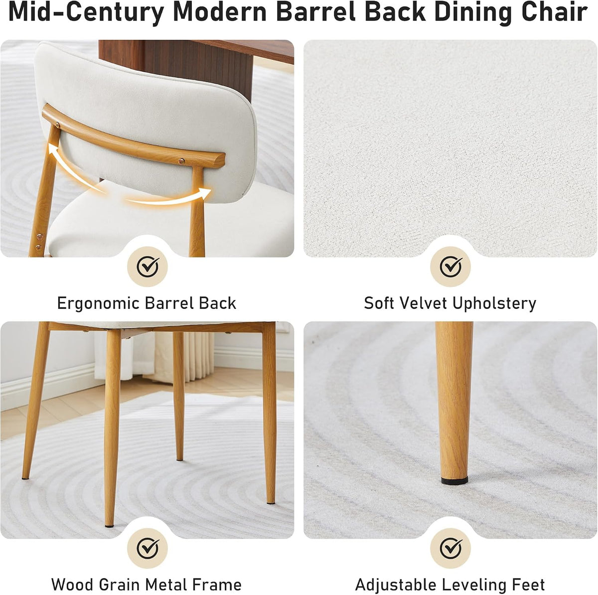 weselon Mid-Century Modern Dining Chairs Set of 4, Upholstered Velvet Dining Room Chairs with Ergonomic Curved Backrest, Wood Grain Metal Frame with Adjustable Feet (Natural Frame+Gray White Seat, 4)