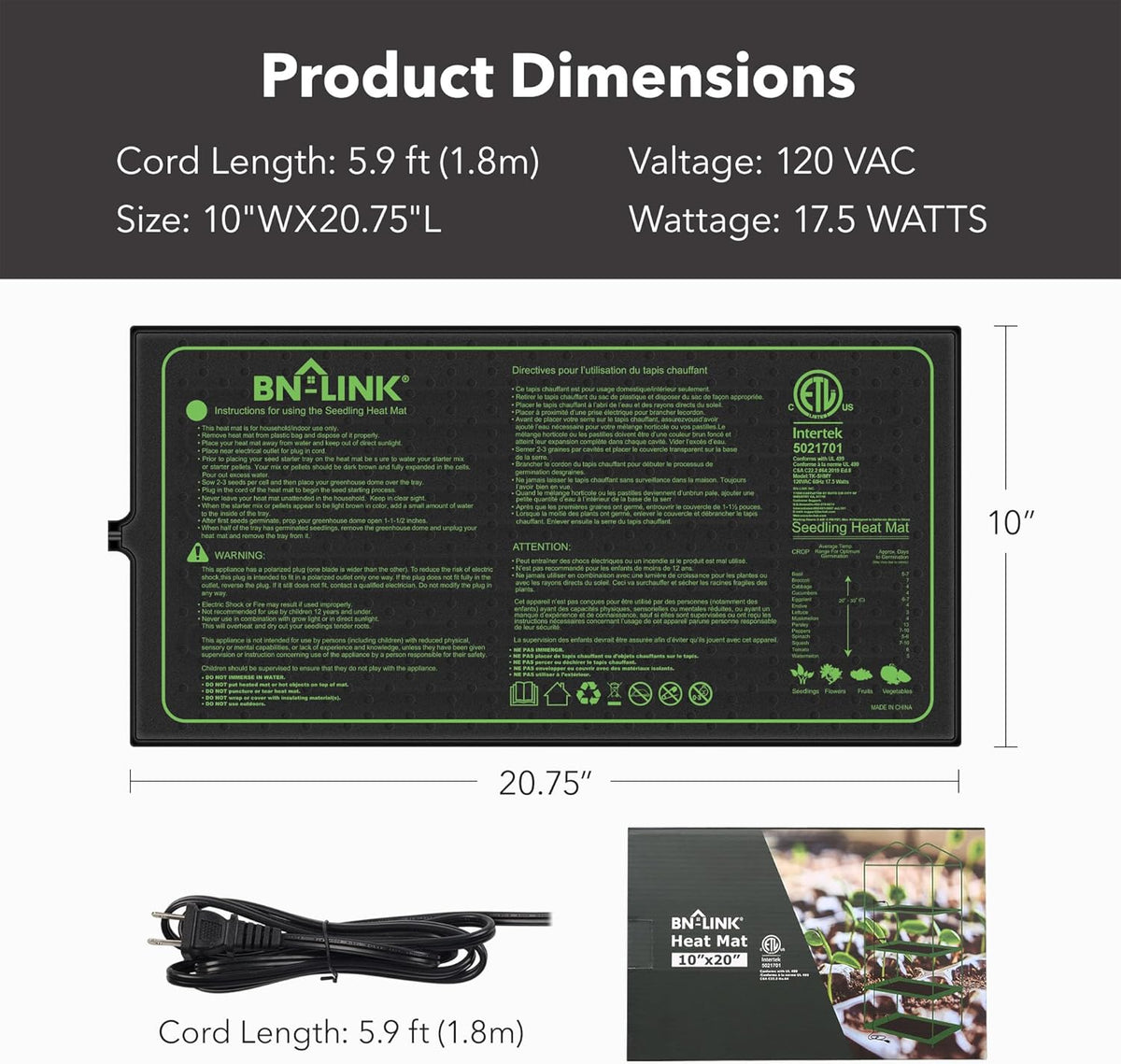 BN-LINK Seedling Heat Mat for Seed Starting 10" x 20.75", 4 Pack Daisy Chainable Waterproof Warming Mat Plant Heating Pad for Seed Germination, Indoor Growing, Hydroponic, Greenhouse, ETL Listed