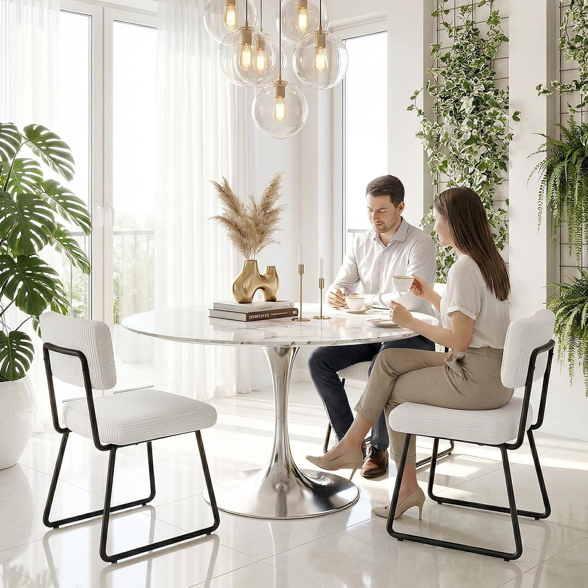Velvet Dining Chairs Set of 4, Upholstered Dining Room Kitchen Chair with Thick Cushion, Soft Backrest, Metal Legs, Mid Century Modern Accent Side Chair for Home Living Room Bedroom, White