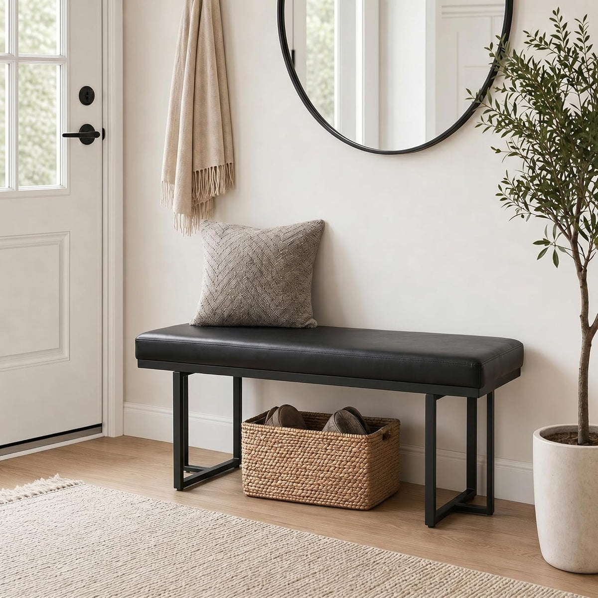 Hyfirm 45" Faux Leather Entryway Bench, Upholstered End of Bed Bench Ottoman for Bedroom Window Bench Dining Bench with Metal Legs for Living Room Dining Room, Black