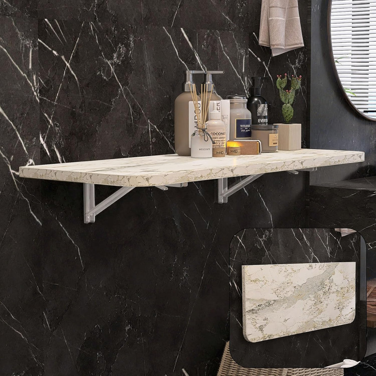Wall Mounted Folding Table 40"x 16" with Removable Heavy-Duty Brackets Support Up to 200 Pounds Folding Desk for Small Space Home Laundry Room Office Rv Suitable for Solid Wall (Grey Marble Pattern)