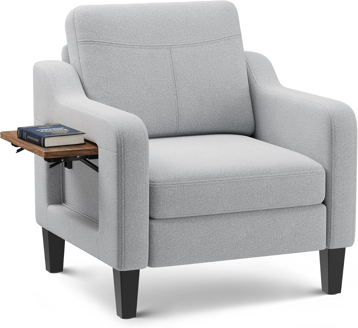 Upholstered Accent Chair with Foldable Side Table for Living Room | 2 Side Pockets, Modern Linen Armchair Wooden Fabric Chairs for Living Room, Comfy Reading for Bedroom/Office