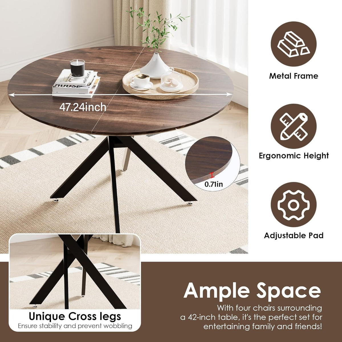 5 Piece Circle Dining Table Set for 6, 47 Inch Wood Dining Table & Cream Velvet Upholstered Chairs with Sturdy Black Metal Legs, Round Kitchen Table Set for Kitchen Dining Room, Living Room