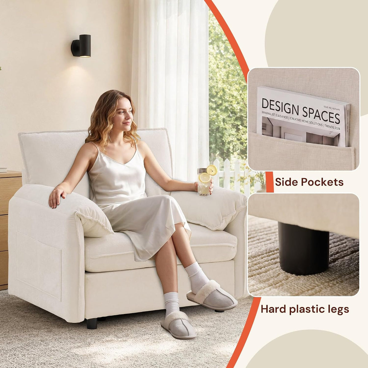 Korser Oversized Accent Chair, 39.3" Wide Arm Chairs for Living Room & Bedroom, Modern Lounge Chair, Upholstered Mid-Century Reading Chair, Comfy Living Room Chair, Single Sofa Chair, Chenille, Beige