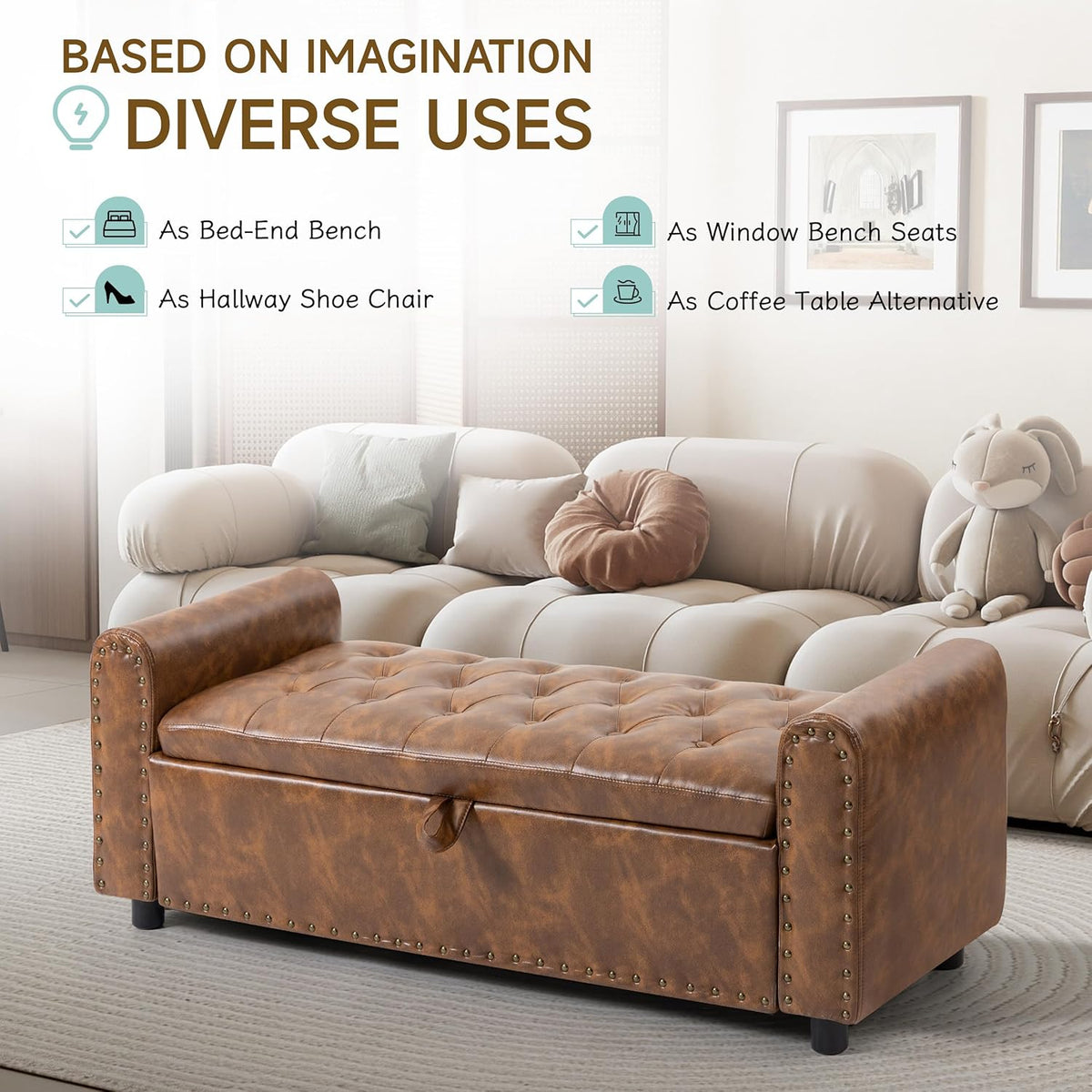 Ottoman with Storage, Tufted Storage Bench for Bedroom, 48" PU Leather End of Bed Bench, Upholstered Entryway Shoe Benches with Rolled Arm & Inner Zipper, Window Ottomans Chest with Rivets, Brown