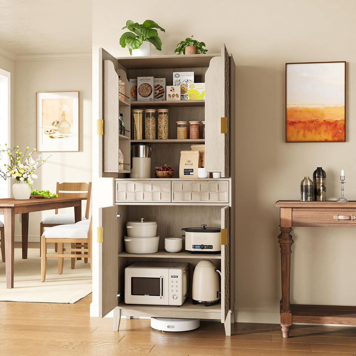 Pantry Cabinet, 71" Tall Pantry Cabinet,Modern Kitchen Cabinet with Doors, Drawers & Adjustable Shelves, Freestanding Food Pantry Cupboard with Side Rack for Kitchen Dining Room,Oak