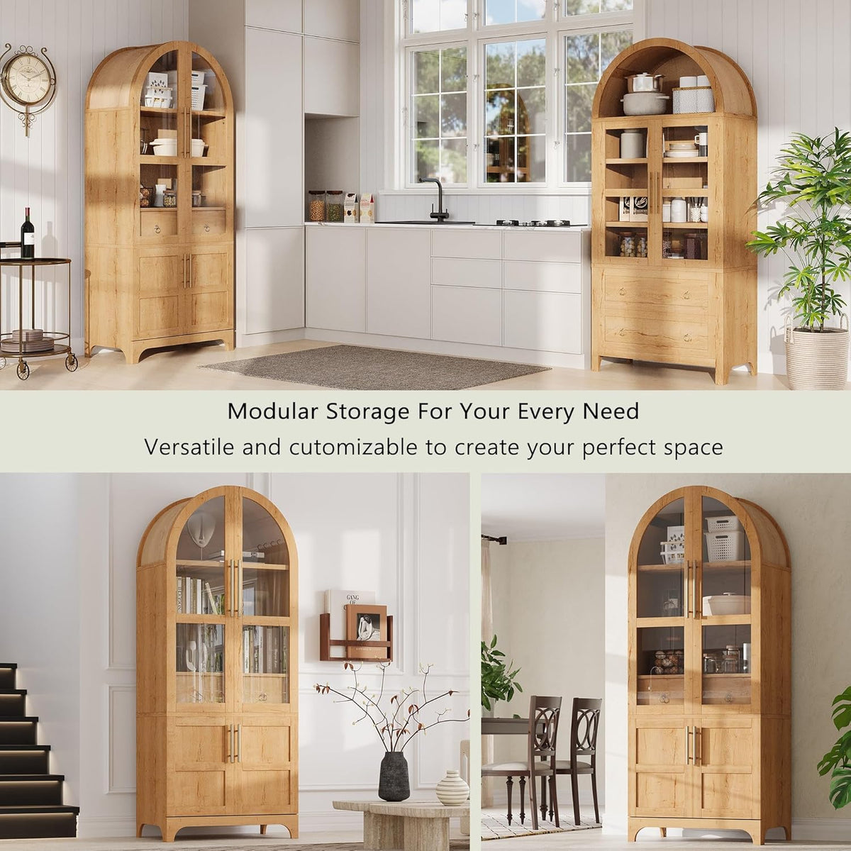 SOFTSEA Arched Kitchen Pantry Cabinet, with Hidden Drawer & Glass Door, 71" Tall Farmhouse Storage Cabinet with Open & Adjustable Shelves, Kitchen Hutch with Door Shelves for Living Room, Natural