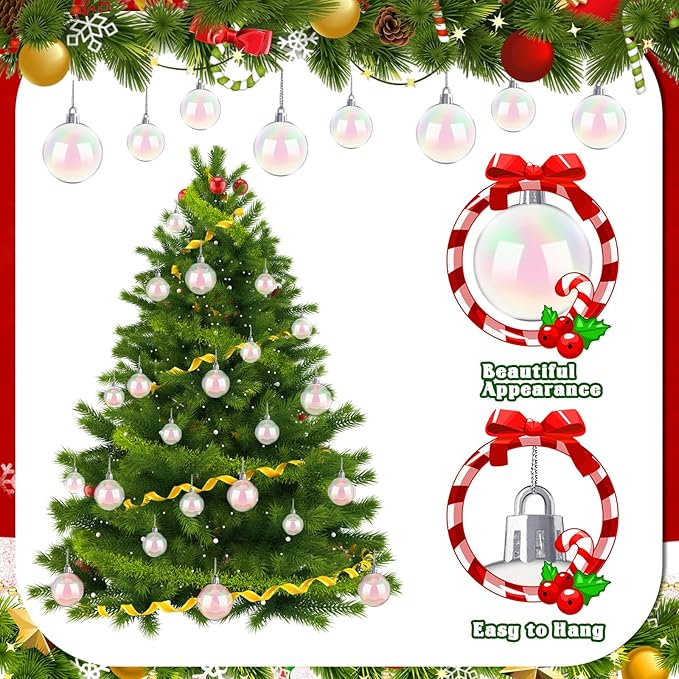 50 PCS Christmas Iridescent Ornaments,Clear Plastic Bubbles Hanging Filled Ornaments,Christmas DIY Hanging Rainbow Ball 5 Different Sizes for Xmas Tree Wedding Party Birthday Home Decorations