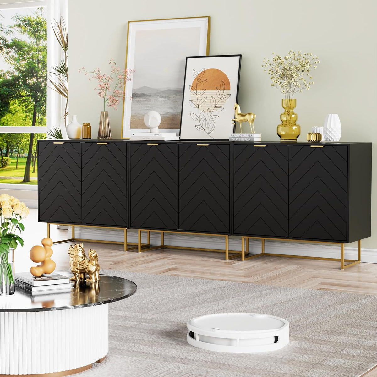 Scurrty Large Sideboard, Black Storage Buffet with 6 Doors, Adjustable Shelf & Golden Legs - Accent Cabinet for Living Room & Kitchen