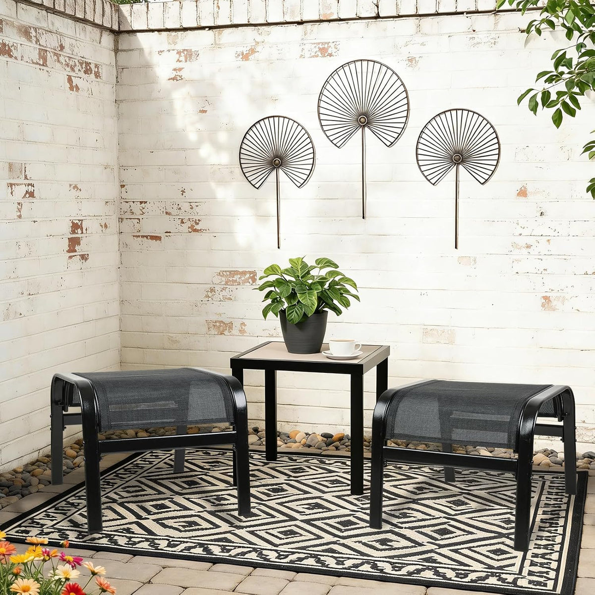 Patio Outdoor Ottoman 2 Set, Modern Footstools Textliene Metal Foot Rest Black