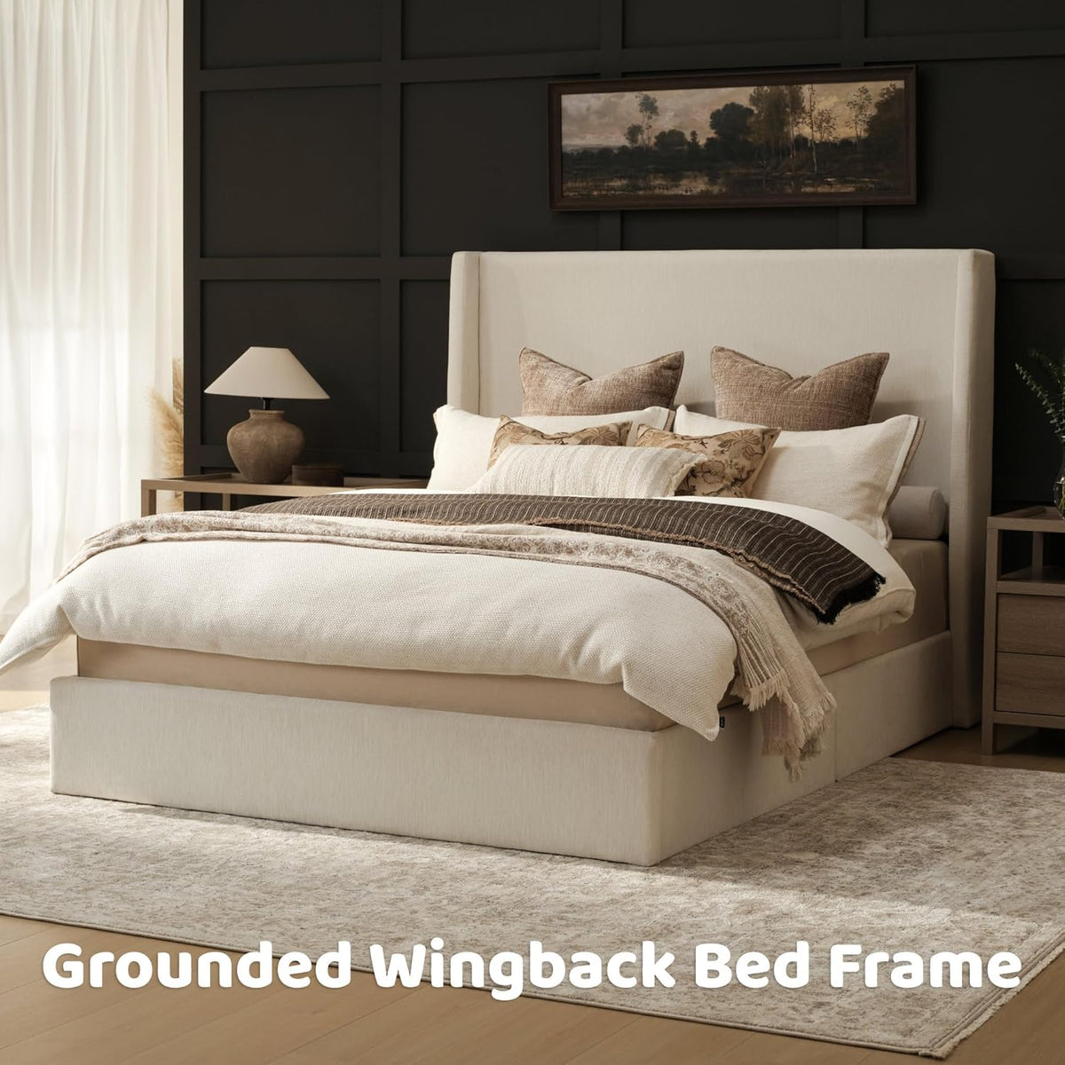 RECCI King Size Upholstered Platform Bed Frame with Tall Wingback Headboard