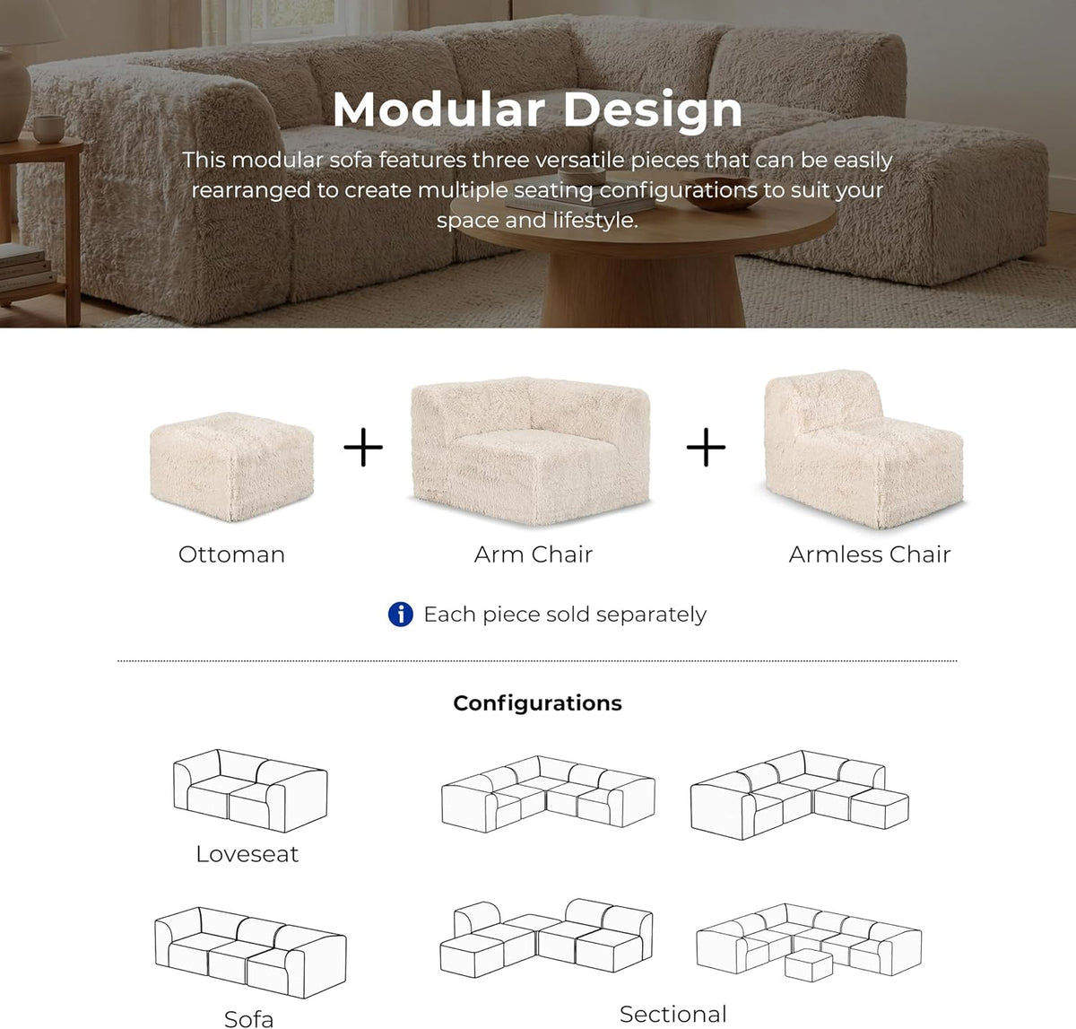 Furniture of America Havyn Modern Faux Fur 1-Seater Square Modular Foam Ottoman, Compressed Couch in a Box, No Assembly Required, for Living Room and Office, Sand