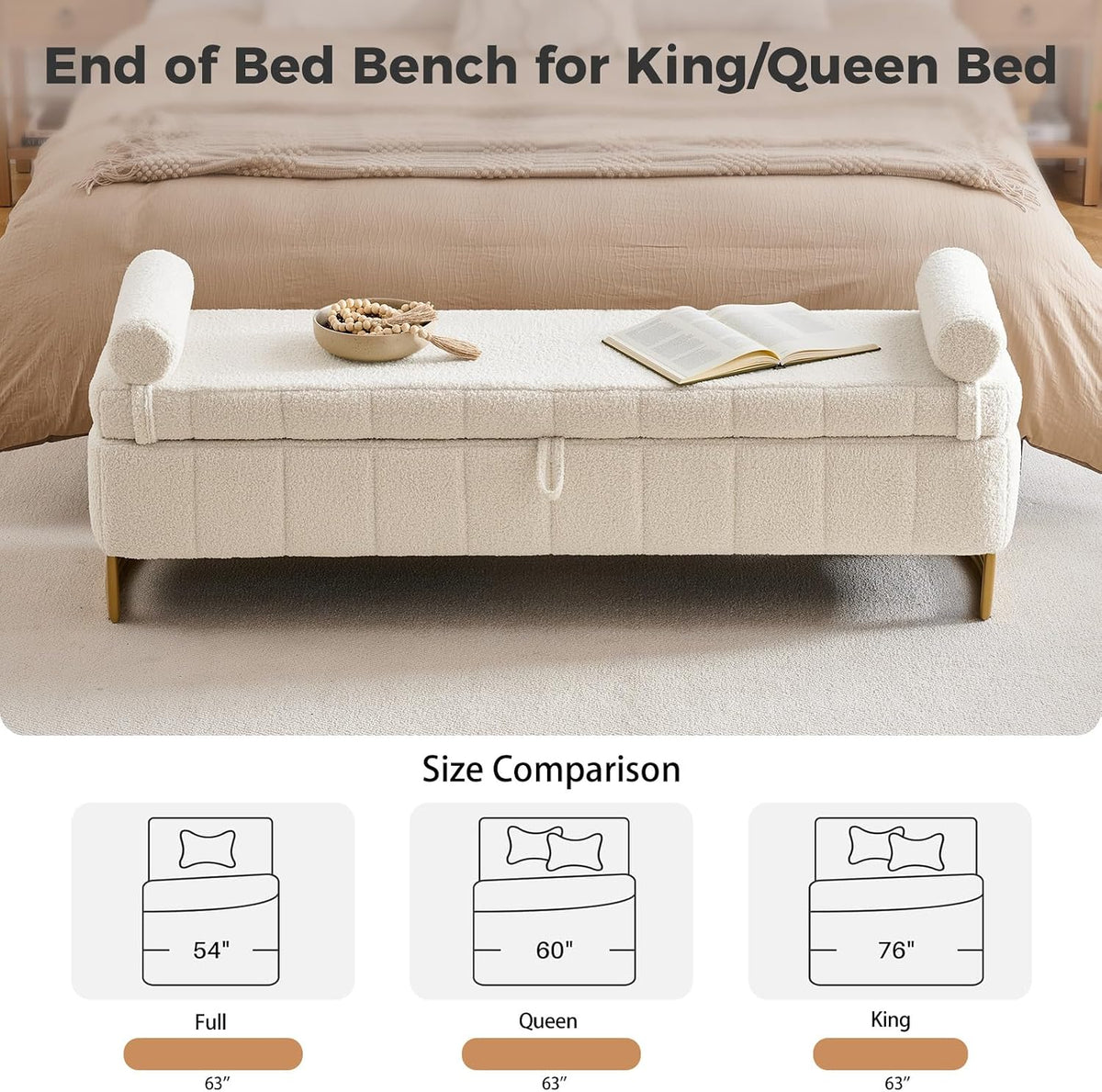 Storage Bench, 63" Ottoman with Storage for Foot of Bed King Size, Modern Upholstered End of Bed Bench with Gold Metal Legs for Bedroom Entryway Hallway, Teddy Beige