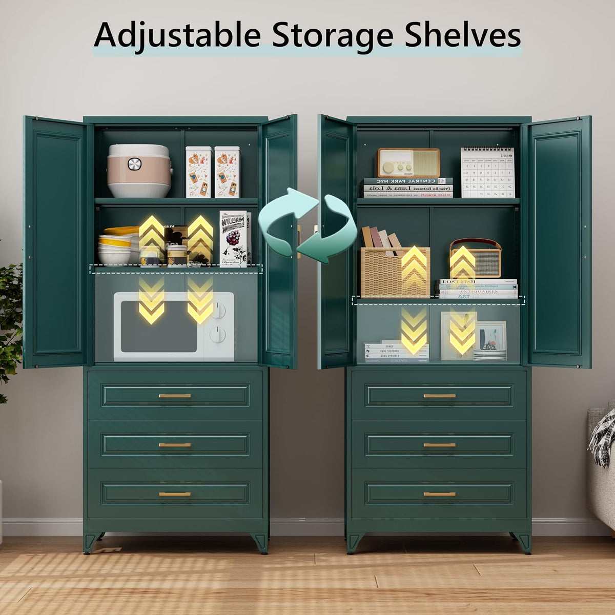 75" Metal Pantry Storage Cabinet with 3 Drawers, Green | Premium Cold-Rolled Steel Frame, Luxury Gold Handles, Adjustable Inner Shelves, Magnetic Doors, Anti-Tipping Kit