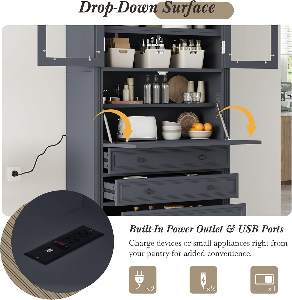 78" Tall Kitchen Pantry Cabinet, Freestanding Food Storage Pantry Cupboard with Power Outlet,3 Storage Compartments and Adjustable Shelves, Farmhouse Kitchen Hutch for Dining Room,Grey