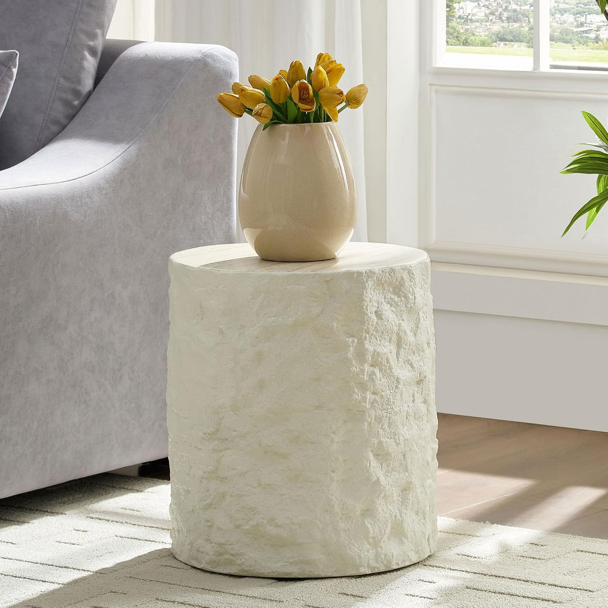 Round Side Table End Table for Living Room, Modern Contemporary Faux Stone Style Fiberglass Material, No Assembly (Beige, ø15.7'' x 17.7'')