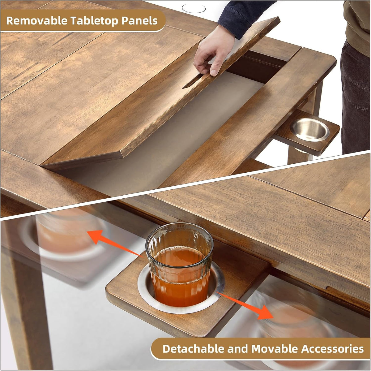 Coperat Solid Wood Board Game Table for 4-6 Players,Dining/Gaming Table w/ 54"x31" Big Gaming Space and Removable Top,Includes Game Mat, 6 Cup Holders & Hobby Tray, Light Walnut